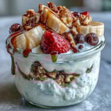 Fluffy Yogurt Banana Split Breakfast Jar with layers of creamy Greek yogurt, fresh berries, banana, and crunchy granola, topped with chocolate chips.