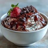 Creamy chocolate cottage cheese dip served with strawberries, apple, banana, and grape slices.  