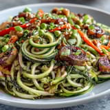 Vibrant Healthy Easy Zucchini Noodle Stir-Fry with Peanut Sauce in a colorful skillet, topped with crushed peanuts and cilantro.