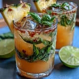 A tall glass of pineapple basil agua fresca with ice, garnished with fresh basil and lime slices.