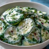 Fresh and creamy cucumber dill salad with sliced red onions and vibrant green dill garnish