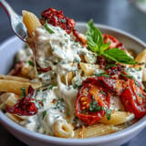 A delightful baked feta pasta, showcasing warm tomatoes and fragrant basil leaves.