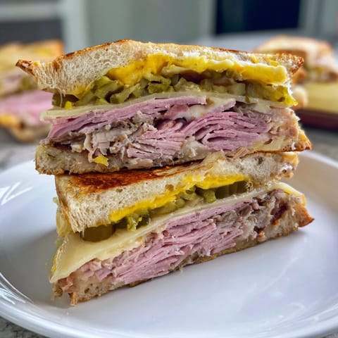 Perfectly pressed and crispy Cuban Sandwich, stuffed with savory roast pork and ham.