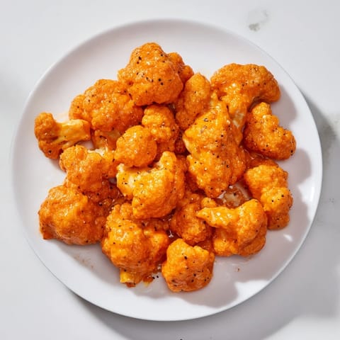 Golden-brown, baked Buffalo Cauliflower Wings with a delicious, crunchy texture, perfect for game day snacking.