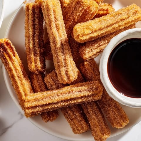 Warm churros, freshly fried and coated in sweet cinnamon sugar, alongside a dark chocolate dip.