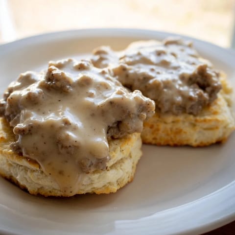 Fluffy biscuits smothered in savory, rich sausage gravy, a Southern comfort food classic for breakfast.