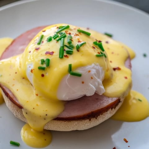 Warm, creamy hollandaise sauce drizzled over perfectly poached eggs for this classic Eggs Benedict.