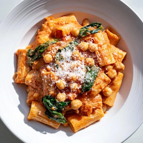 Close-up of Creamy Tuscan Chickpea Pasta with garlic, chickpeas, and wilted spinach in a velvety red sauce.  