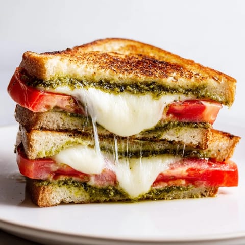Fresh mozzarella and ripe tomato slices nestled in a Caprese Pesto Grilled Cheese, ready to serve.
