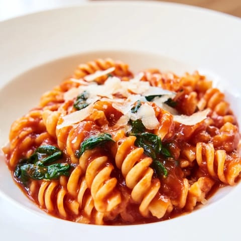 Steam rises from the pot of freshly cooked Tomato Spinach One-Pot Rotini, garnished with melted Parmesan cheese.