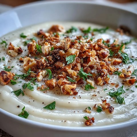 A bowl of velvety Celeriac Soup with Hazelnut Crumble garnished with fresh parsley for a rustic finish.