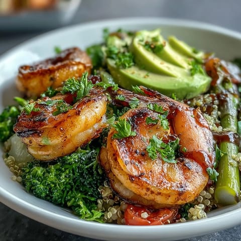 Succulent shrimp crowns a colorful Detox Buddha Bowl with creamy avocado and fluffy quinoa.