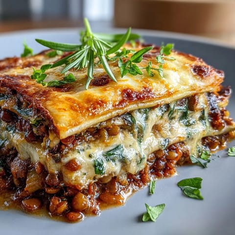 Golden, bubbly mozzarella topping a hearty, smoky lentil lasagne baked in a single skillet, ready to serve.  