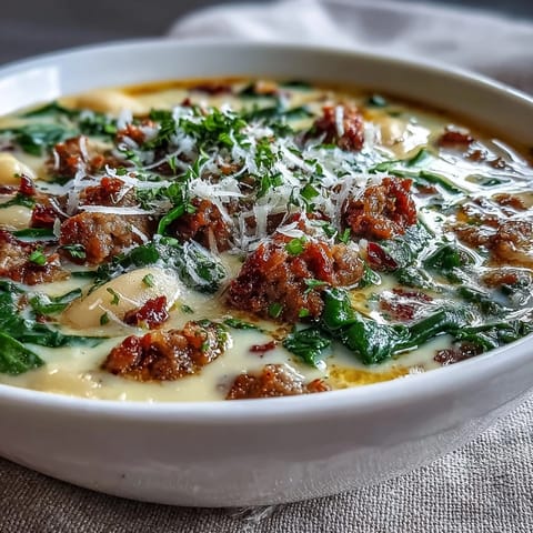 A close-up of Epic Creamy Tuscan White Bean Soup With Sausage featuring crumbled meat and carrots in a rich broth.