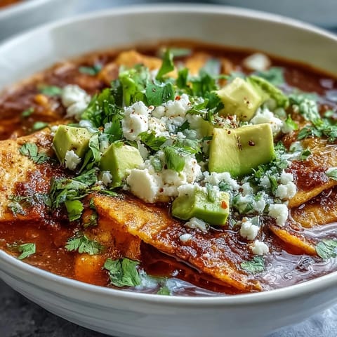 Ladle of Sopa Azteca featuring a smoky tomato-chile broth, topped with diced avocado and crema.