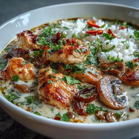 Spoon lifting a ladle of Thai Coconut Curry Soup with jasmine rice, revealing colorful vegetables and a swirl of rich red curry paste.