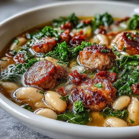 Close-up of Italian White Bean Soup with Kale and Sausage, showcasing tender kale ribbons and spicy sausage crumbles in a rich broth.