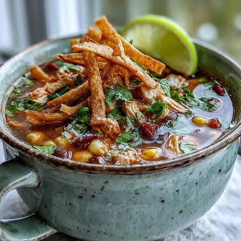 Steaming Best Chicken Tortilla Soup in a rustic bowl, topped with crunchy golden tortilla strips and fresh cilantro.