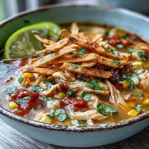 A serving of Best Chicken Tortilla Soup garnished with creamy avocado slices and a bright lime wedge on the side.