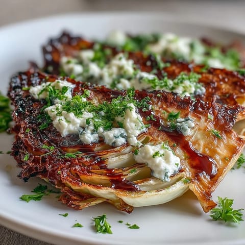 Roasted Crispy Cabbage Steaks with Feta and Balsamic served warm as a vibrant vegetarian side dish.