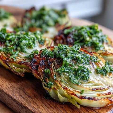 Cabbage Steaks With Jalapeño Chimichurri served hot from the oven, generously topped with herby sauce and ready for a vegan meal.