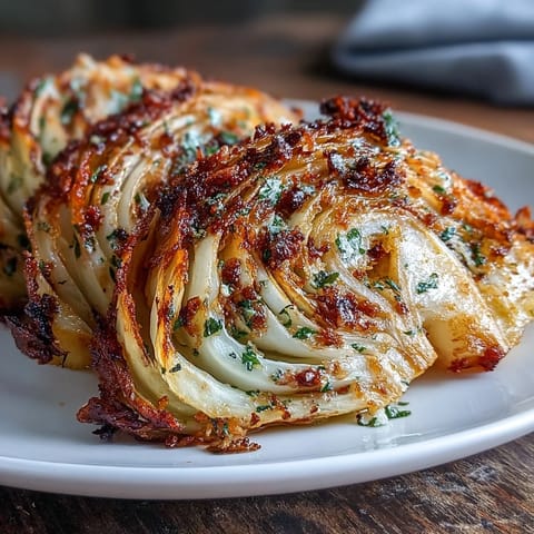 Golden Roasted Garlic Parmesan Cabbage Wedges with crispy, cheesy edges on a serving platter, ready to enjoy as a savory vegetarian side dish.