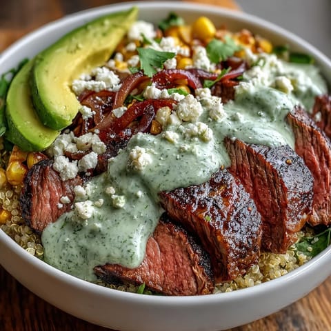 Colorful ingredients like juicy tomatoes, red onion, and Cotija cheese top warm rice in this savory Steak, Avocado, and Roasted Corn Bowl.