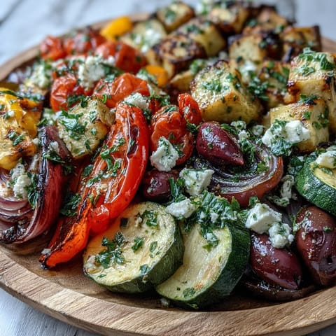 Colorful roasted Mediterranean Greek vegetables on a platter, paired with pita bread and lemon wedges for a fresh dinner side.