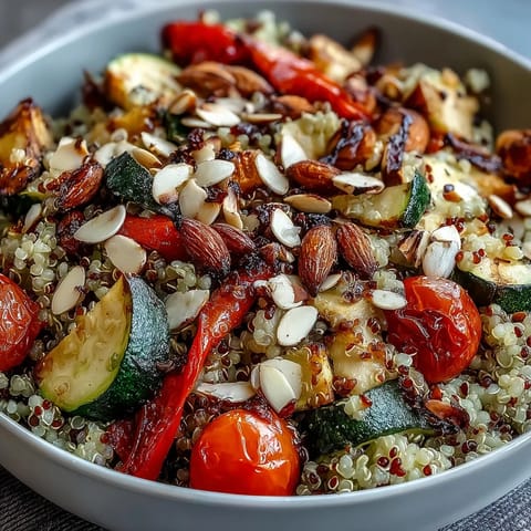 Hearty Veggie and Quinoa Power Bowl featuring tender roasted veggies, pumpkin seeds, and a drizzle of zesty lemon vinaigrette.  