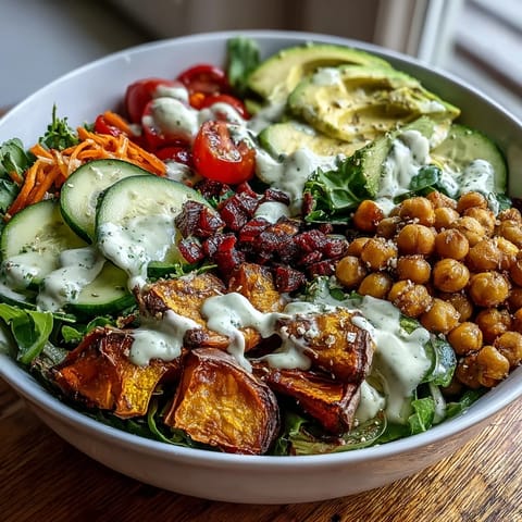 A close-up showcases fresh cucumber, cherry tomatoes, and creamy avocado slices in this beautiful vegan breakfast bowl.