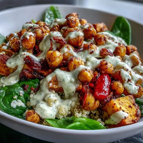 Crispy roasted chickpeas nestled in a hearty Roasted Chickpea Power Bowl with quinoa and vibrant veggies.