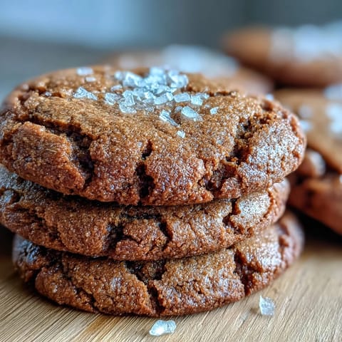 Stacked Hojicha Brown Butter Cookies show rich caramel coloring and visible tea specks, paired with a steaming mug on a wooden surface.