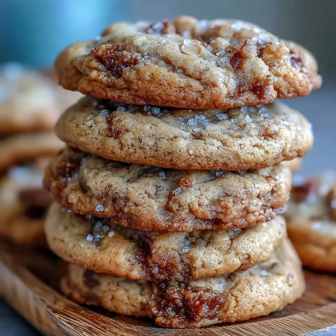 Freshly baked Brown Butter Hojicha & Earl Grey Cookies with golden edges and white chocolate chips on a rustic wooden board.