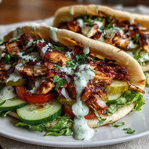 Golden-brown marinated chicken strips piled high on fluffy pita bread, drizzled with creamy garlic tahini sauce.
