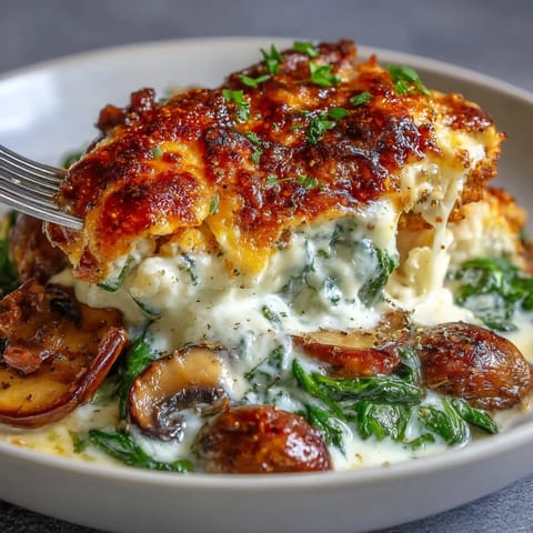 Freshly baked Chicken Spinach & Mushroom Low Carb Oven Dish emerges from the oven with a golden, bubbly cheese crust, serving up low-carb, gluten-free comfort food perfect for busy weeknight dinners.