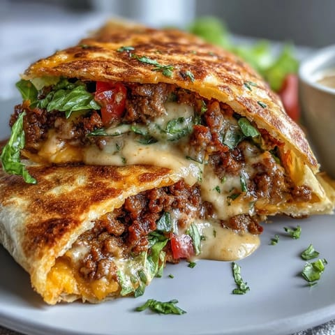 Freshly assembled Keto Crunchwraps with melted cheese, savory beef, and crisp toppings on a golden low-carb tortilla.