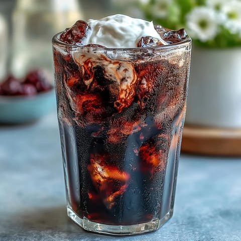 A glass of Midnight Malibu Dirty Soda with rich coconut cream floating over Dr Pepper and blackberry syrup.