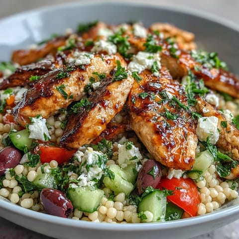 Juicy grilled chicken tops vibrant Mediterranean Pearl Couscous Chicken Bowls, garnished with parsley and olives.