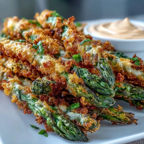 Golden-brown Crispy Chili-Garlic Asparagus Fries lay on a tray beside a small ramekin of pink sriracha mayo for dipping.