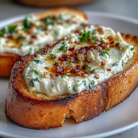 Golden-baked Hot Honey Ricotta Garlic Bread showcases a creamy, garlicky ricotta spread melting into crusty French bread.