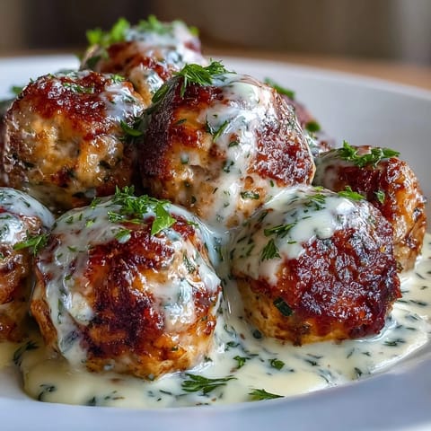 Freshly baked Creamy Garlic Ranch Turkey Meatballs are coated in a rich, creamy ranch sauce, garnished with vibrant chopped parsley.