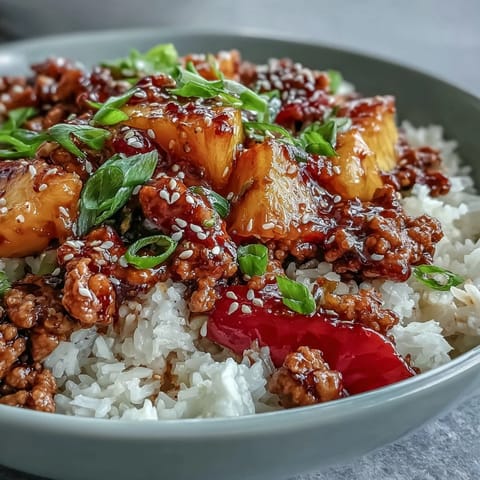Plated Sweet-and-Sour Turkey Rice Skillet topped with a sunny-side-up egg and fresh scallions.