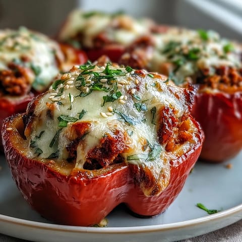 Close-up of Korean-Style Turkey Stuffed Sweet Peppers bubbling with melted mozzarella and a savory filling.