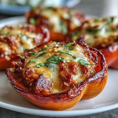 Colorful mini peppers packed with Korean-Style Turkey Stuffed Sweet Peppers, garnished with sesame seeds and scallions, ready to serve as a warm appetizer.
