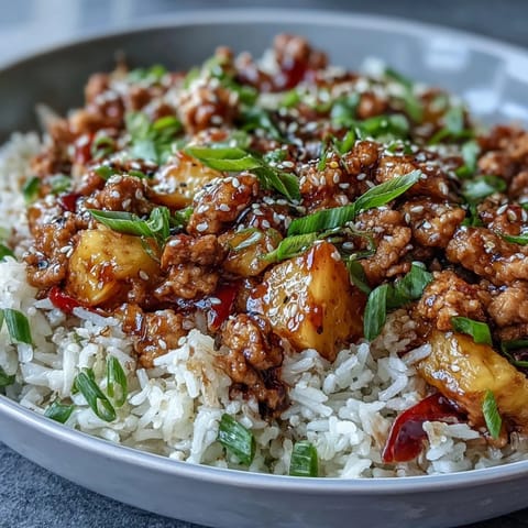Golden-brown ground turkey sizzles in a skillet with red bell peppers, pineapple chunks, and fluffy jasmine rice for a sweet-and-sour turkey rice skillet.