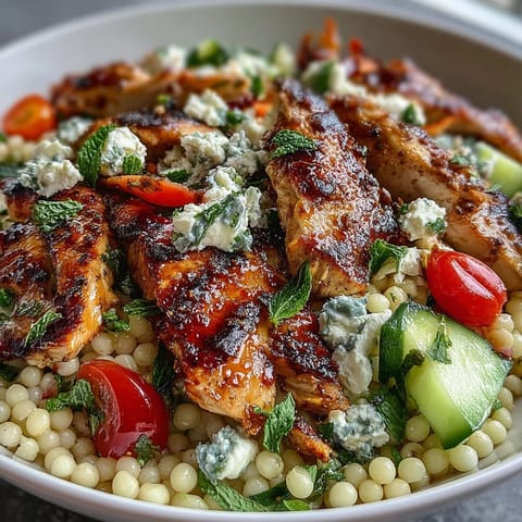 Bright Mediterranean Pearl Couscous Chicken Bowls feature golden lemon-feta chicken strips and a colorful herby salad.
