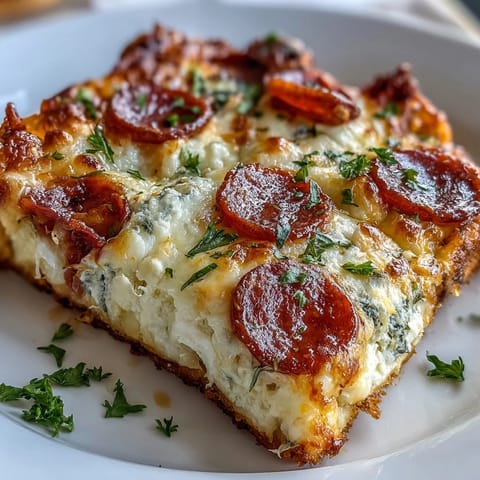 Freshly baked High-Protein Pizza Breakfast Casserole topped with golden melted mozzarella and savory turkey pepperoni slices.