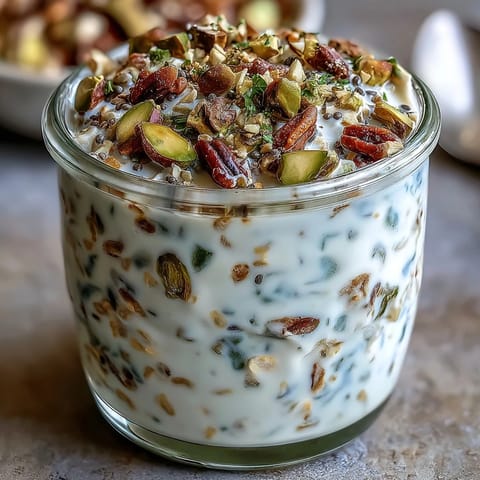 Creamy pistachio overnight oats with Greek yogurt, chia seeds, and chopped nuts for a protein-packed breakfast.  