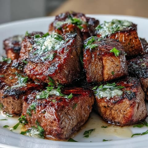 Tender sirloin steak cubes tossed in zesty lemon garlic butter, plated with crispy caramelized Brussels sprouts for a satisfying meal.
