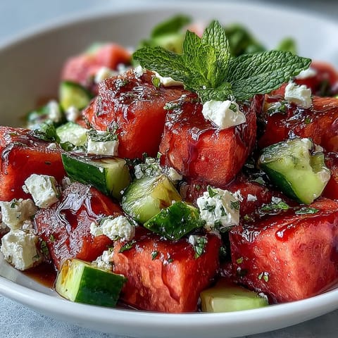 Watermelon Feta Cucumber Salad with Balsamic Glaze: A refreshing summer salad with juicy watermelon, crisp cucumber, tangy feta, and a sweet balsamic drizzle.